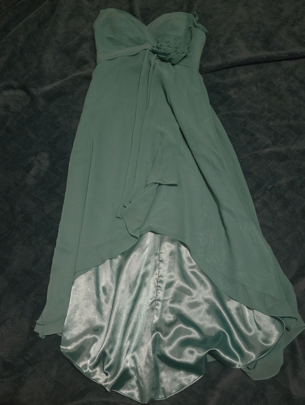 Strapless Sage Green High-Low Chiffon Dress with Rosette Accent